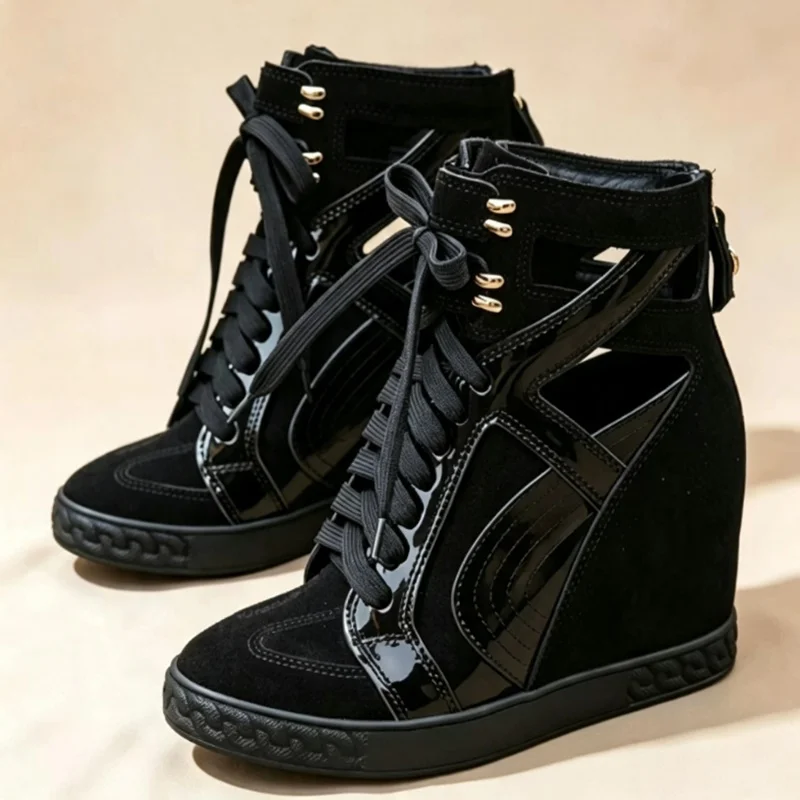 Yellow Lemon Wedge High Top Sneakers 8CM Height Increasing Inner Heels Crocodile Patchwork Lace Up Ankle Boots