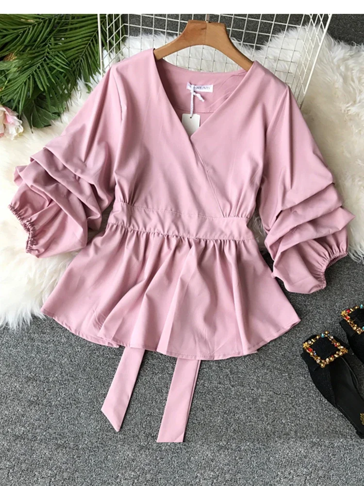 Women\'s Spring Summer Shirt Top New Fashion Shirt V-neck Three Quarter Bow Lacing Waist Pleated Top Shirt Blouse ML831