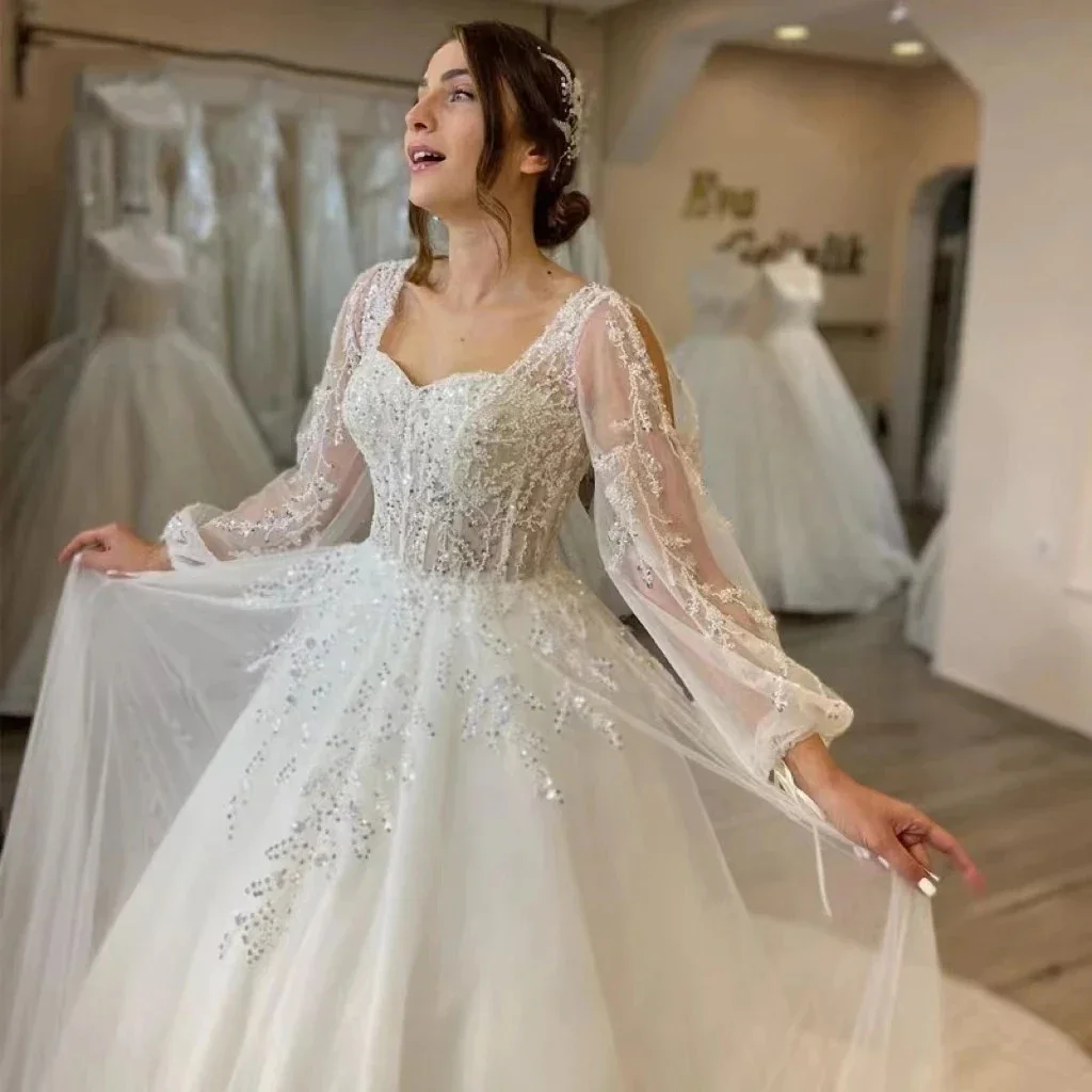 White charming elegant A-line square collar tulle puffy long sleeve lace applique mop floor custom bridal dress women's style