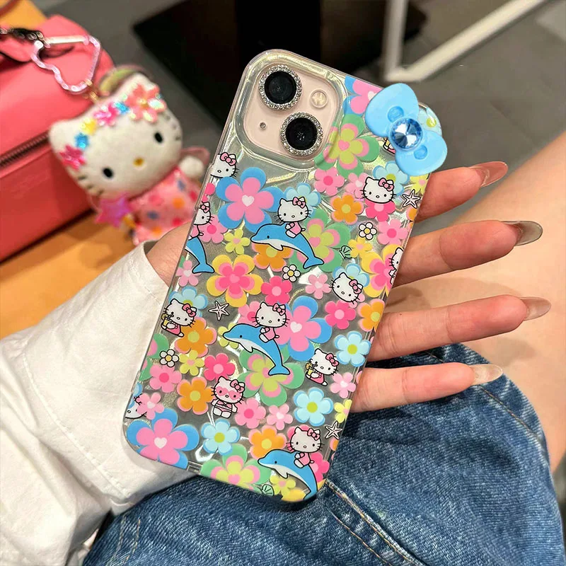 Hello Kitty Flower Dolphin Phone Case For iPhone 16 15 14 13 12 11 Pro Max XR XS MAX 7 8 Plus MINI Y2K Girl Laser Cover