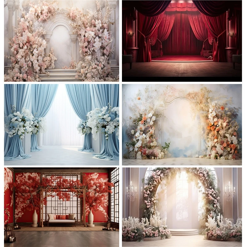 

Fantasy Wedding Photography Backdrops Flower Anniversary Background Interior Curtain Decorated Photo Studio Prop Phonecall SG-03