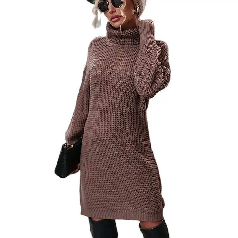 

Autumn Long Sleeve High Neck Knit Sweater Mid Dress Women Casual Outdoor Wear Soild Colour Loose Dresses Fashion Hot
