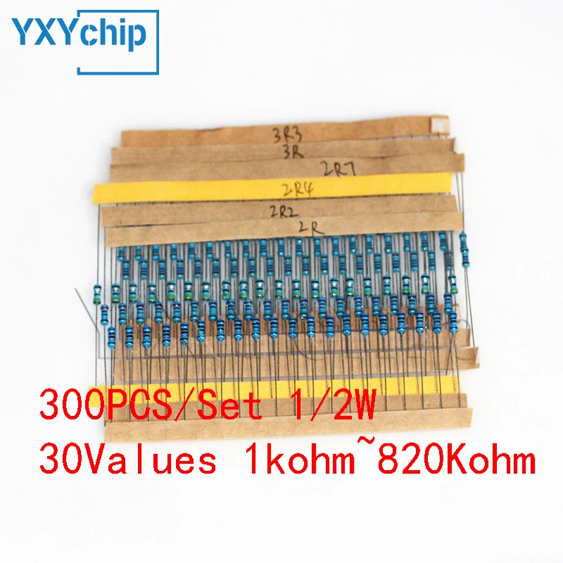 300PCS/Set 1/2W Metal Film Resistance 30Values 1% electronic resistors assortment kit 1k ohm ~ 820K ohm 0.5W kit resistores