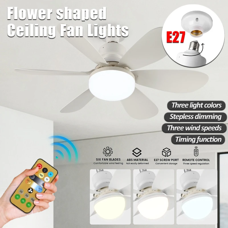 LED Ceiling Fans Light E27 Remote Control Dimming Ceiling Fan Lamp 6 Blades Silence Removable Fan for Bathroom Bedroom Kitchen