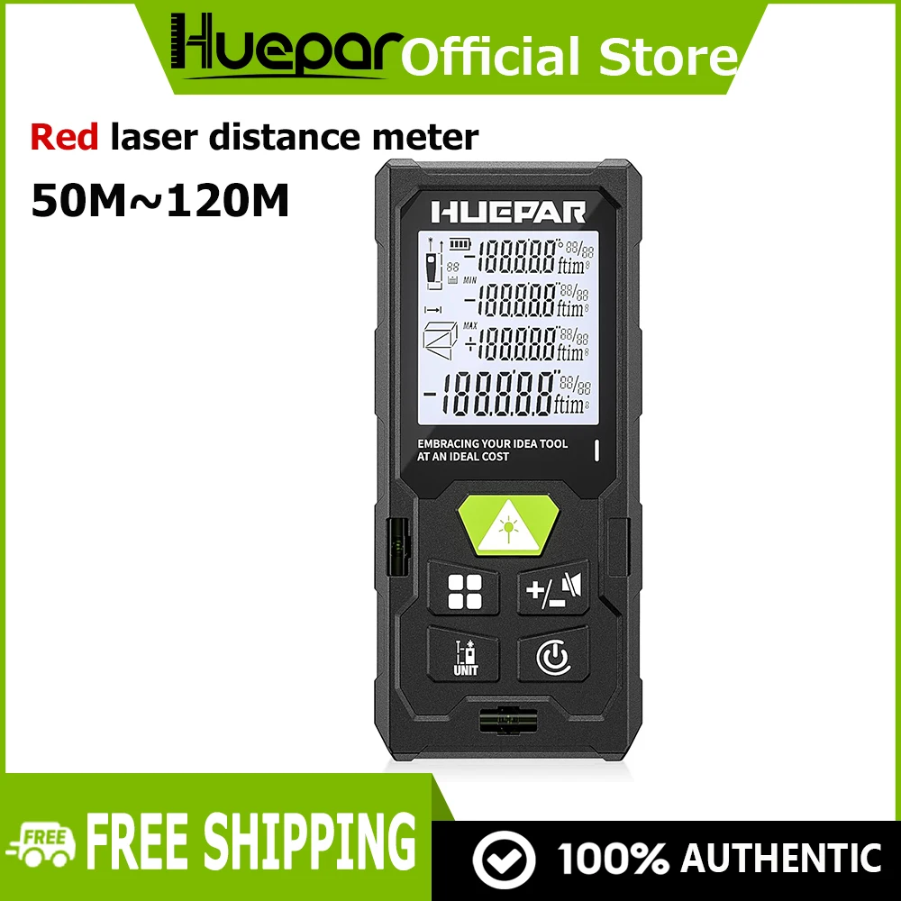 Huepar Laser Distance Meter DM 50m-120m Laser Rangefinder with One Bubble Level and Backlit LCD M/in/Ft/Ft+in Unit Switching