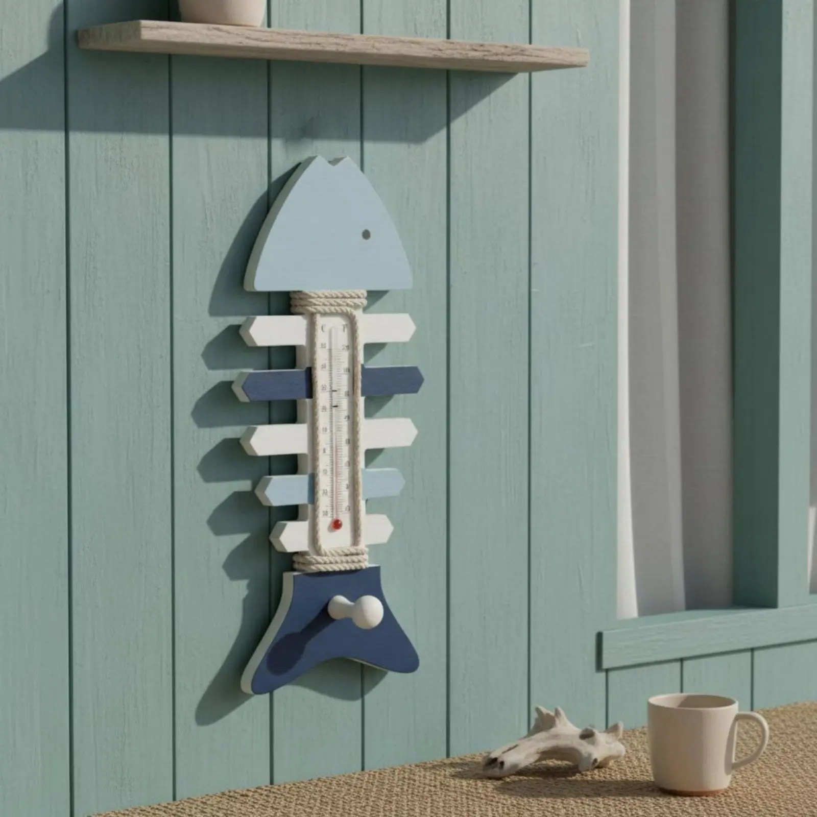 

Wooden Aquatic Skeleton Thermometer Vintage Look Fishbone Thermometer with Hook Coastal Wall Decor Handmade Rustic Beach Theme