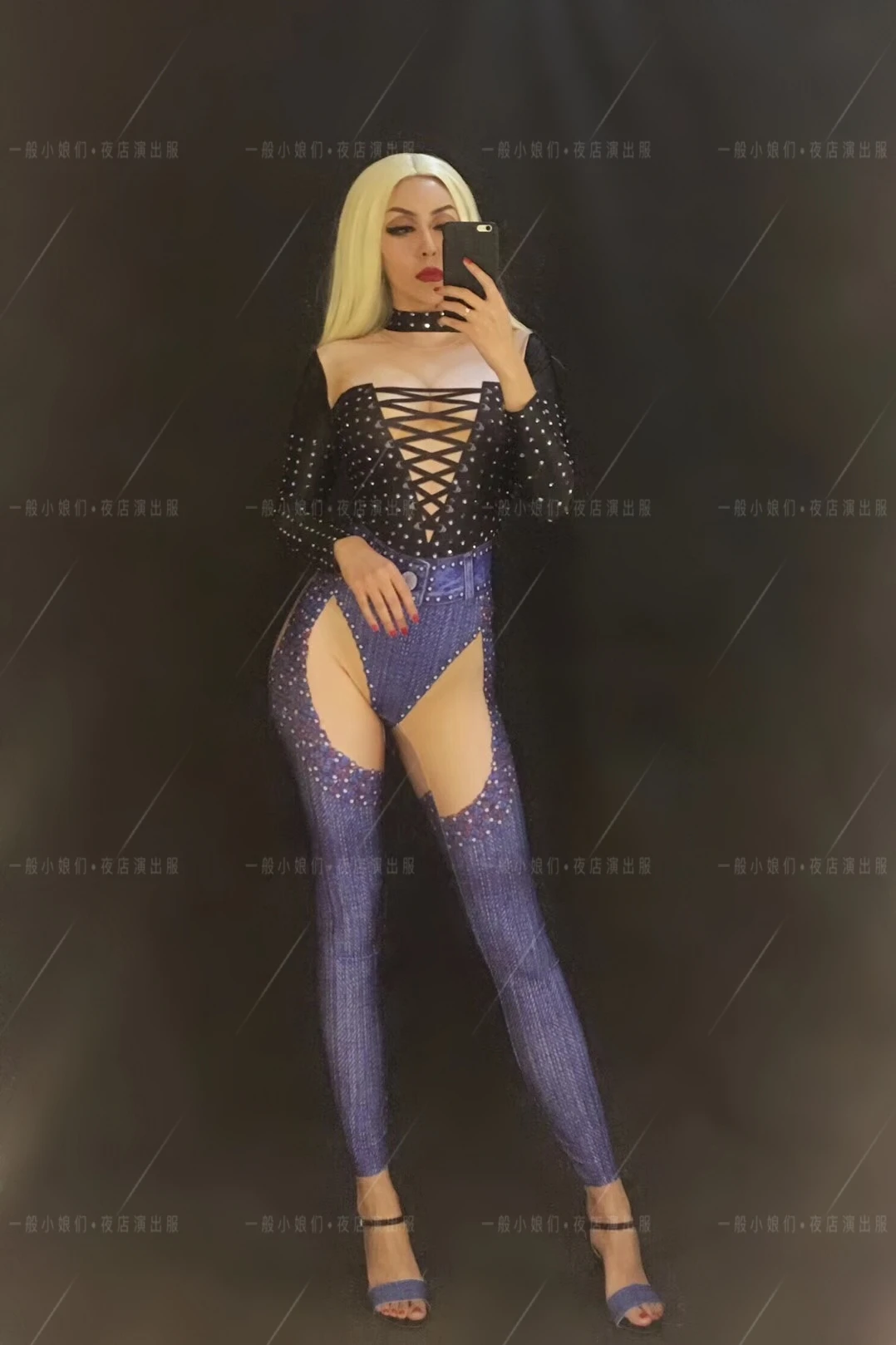 Nowy Czarny Kombinezon Jeansowy z Wzorami Długi Rękaw Kamienie Seksowny Strój Piosenkarki Kostium Urodzinowy Bal Studniówkowy Damskie Ubrania do Tańca