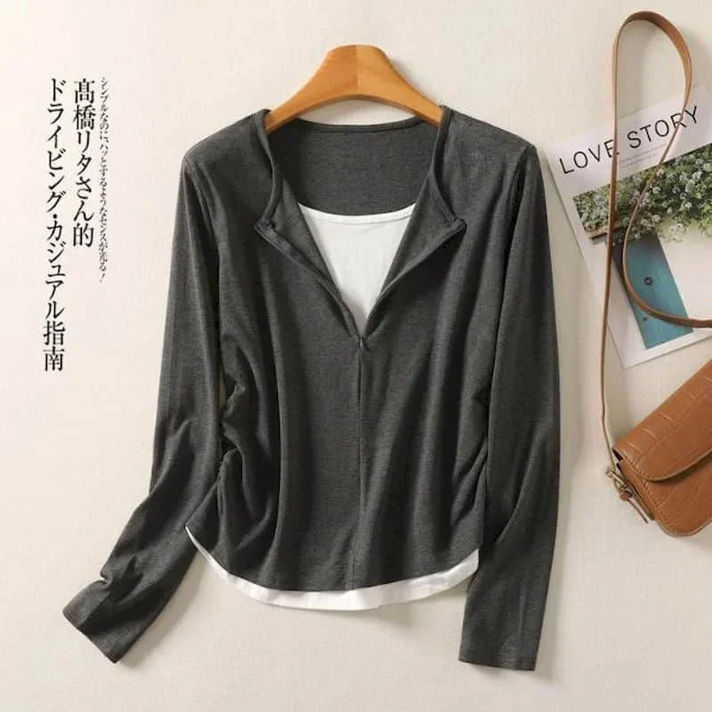Pop Pop Literary T-shirts For Women Autumn Fake Two Pieces Tight Tees Casual Korean Style Long Sleeve O-neck Aesthetic Clothes T