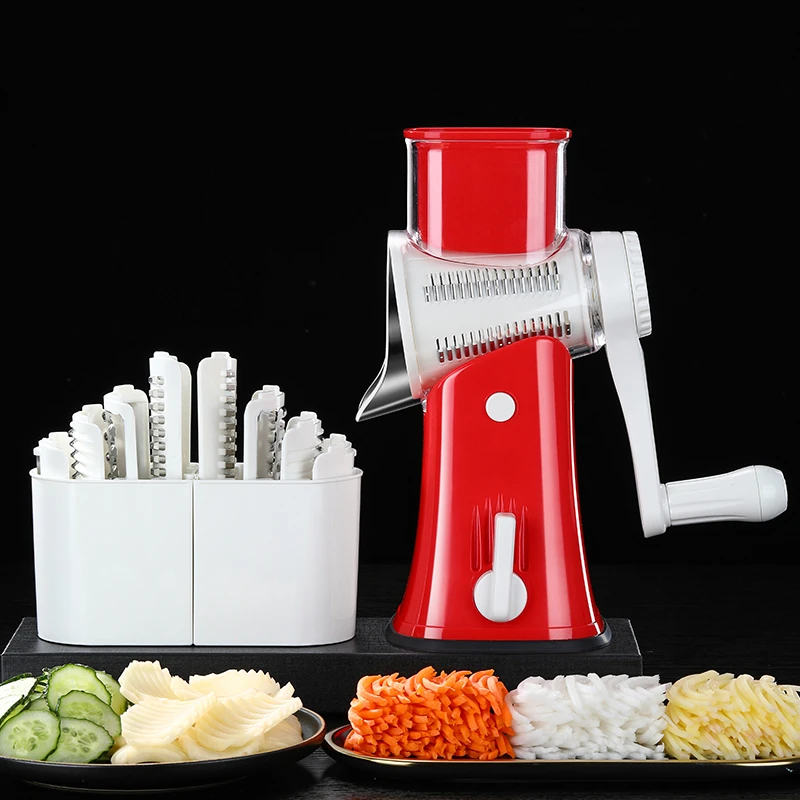 

LFGB Certification Kitchen Rotary Slicer Ultra Efficient Potato Strip and Carrot Slice Cutter 6 Blades Vegetable Fruit Grater