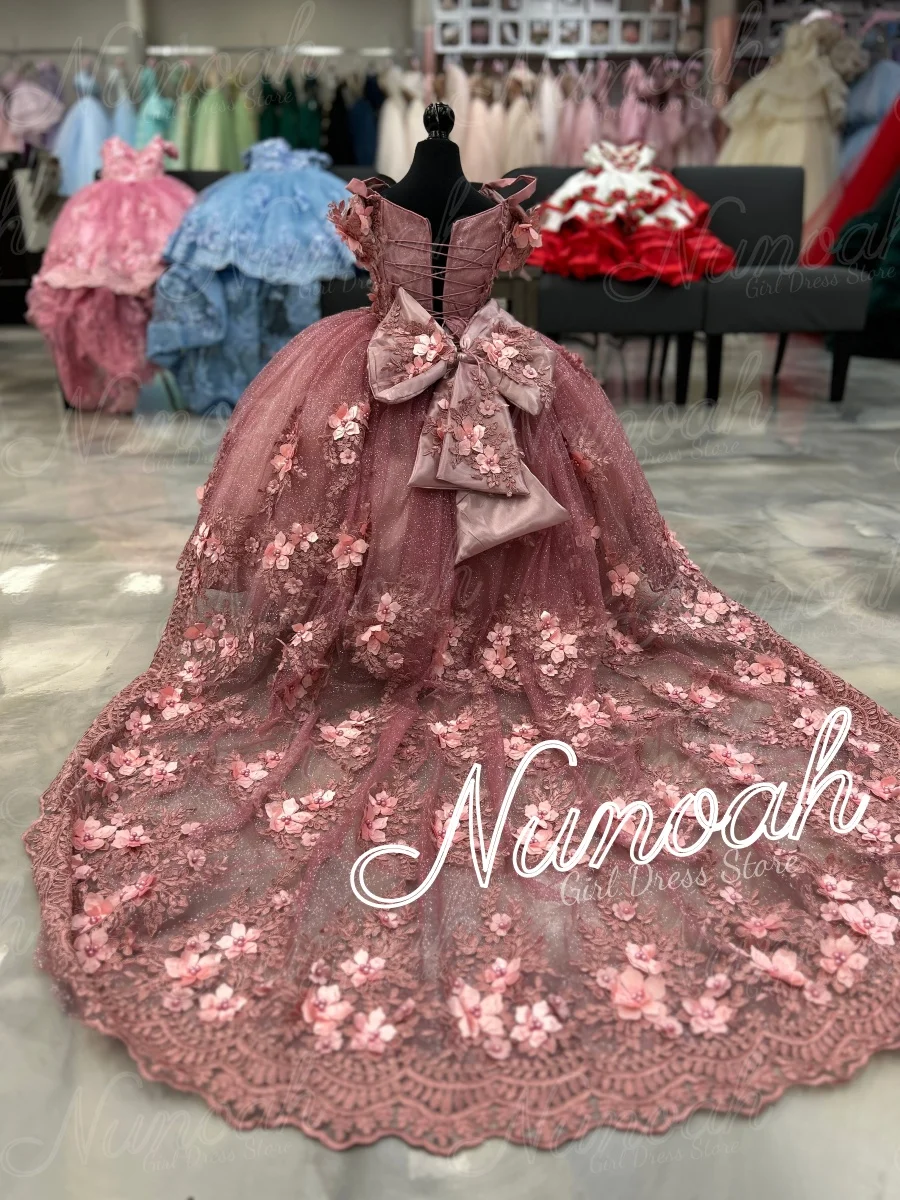 Pink Flower Girl Dress For Wedding Floral Lace Appliques Girl Birthday Party with Trail First Holy Communion Gown Customized