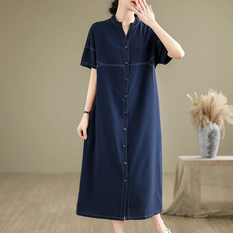 # 3872 Blaues gerades Hemdkleid mit kurzen Ärmeln, lockeres Büro-Hemdkleid mit Knöpfen vorne, Damen-Midikleid im koreanischen Stil, A-Linie