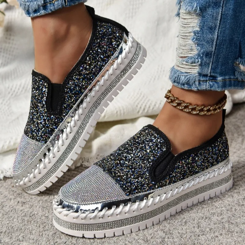 Women Sequins Sneakers Fashion Lace Up Platform Loafers Platform Anti-slip Casual Comfortable Sneakers Women Zapatos De Mujer