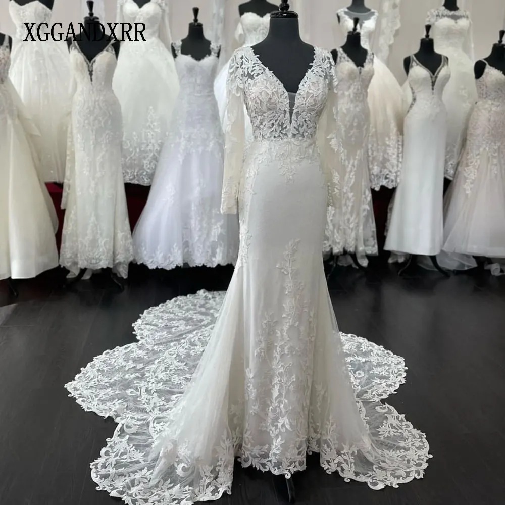 XGGandXRR Real Mermaid Wedding Dress 2023 V Neck Long Sleeves Ivory Lace Bridal Gown Chapel Train Bride Dress Button Custom Made