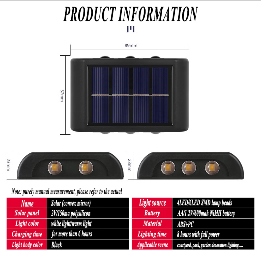 Solar Wall Lamp Outdoor 4/6/8/10/12/16LED Light Waterproof Up And Down Luminous Lighting Balcony Yard Garden Decoration Lights