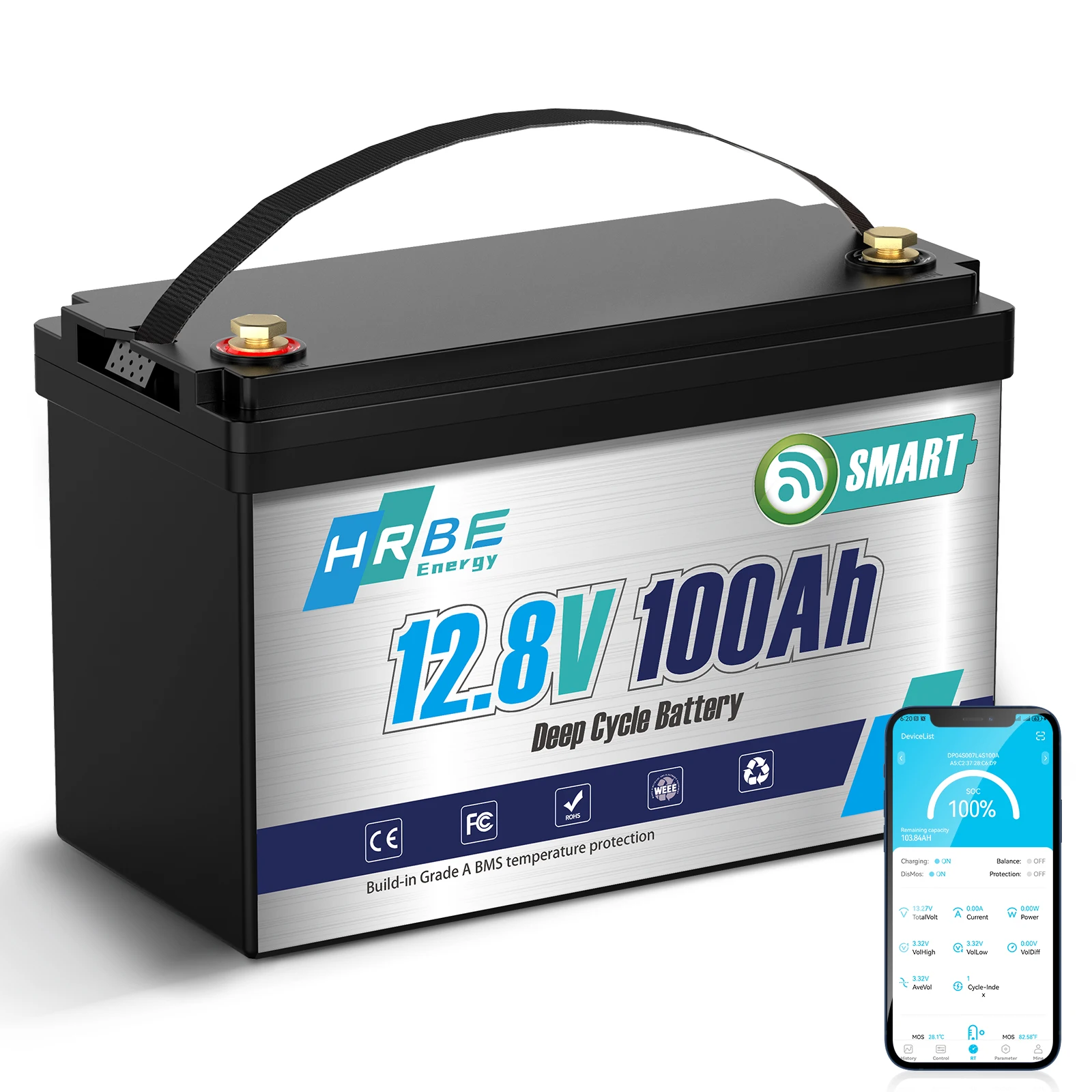 

HRBEEnergy 12V 100AH LiFePO4 Lithium Battery Pack Bluetooth 100A BMS For Off-Grid Trolling Motor Campers Home Energy Storage