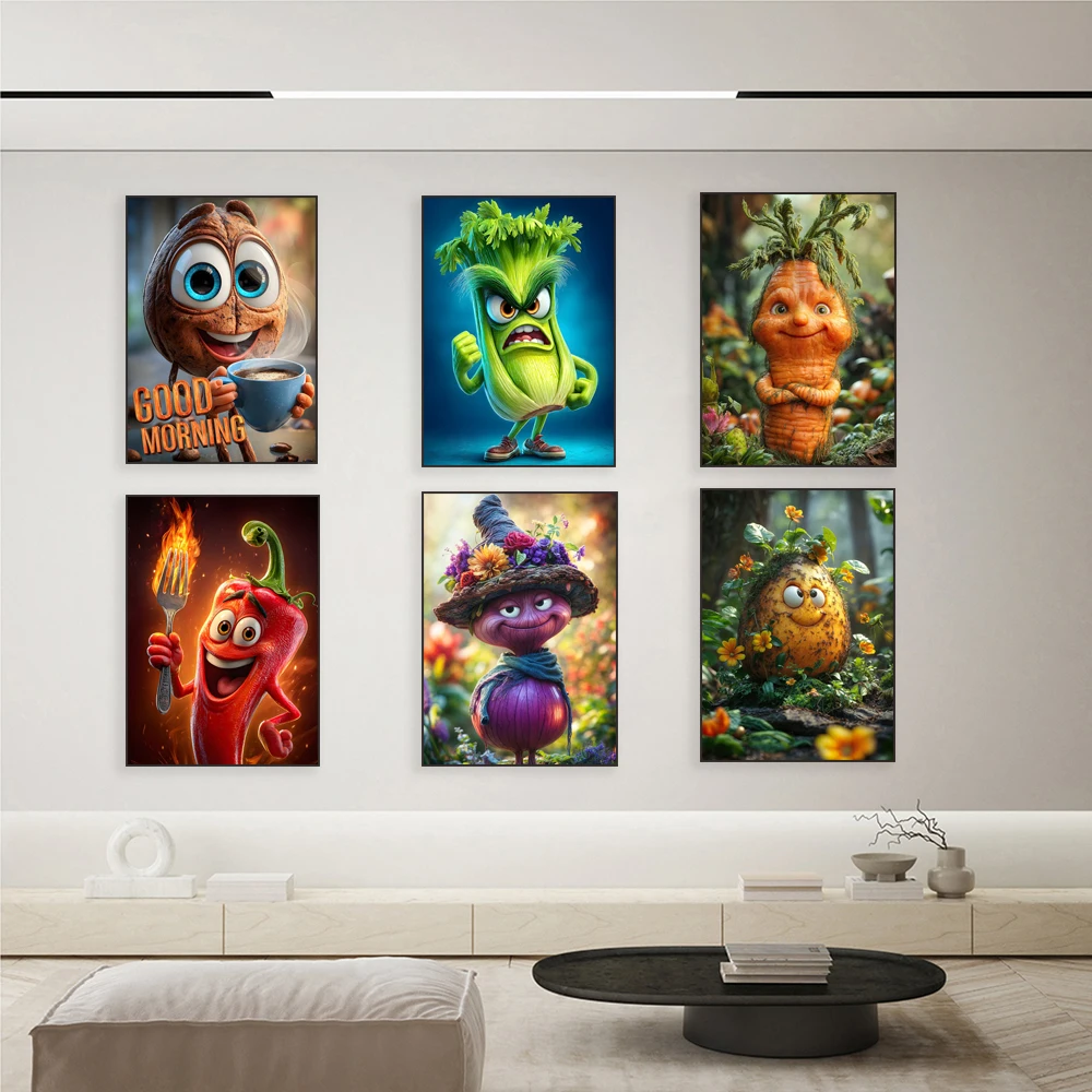 Cartoon coffee beans, vegetables, tortillas, red pepper, lemon girl, magic broccoli, raspberry, garlic kitchen decoration poster