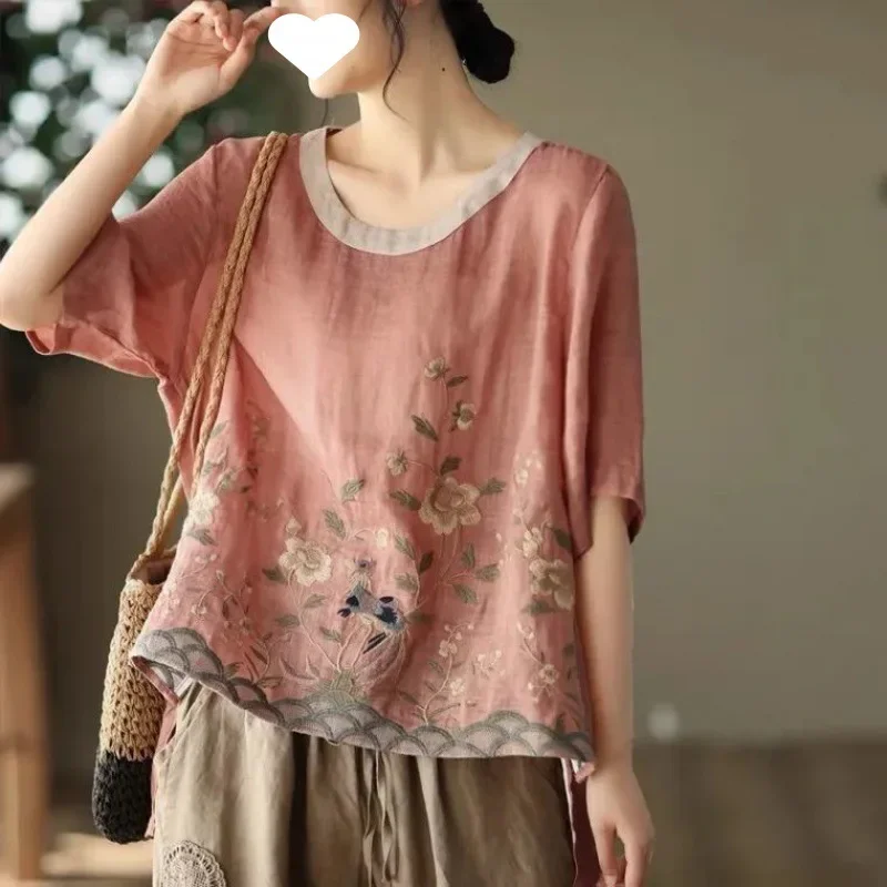 Cotton Linen Embroidered Floral Blouses Women's Chinese Classic Loose Shirt Top Casual Retro O Neck Short Sleeve Summer Shirts