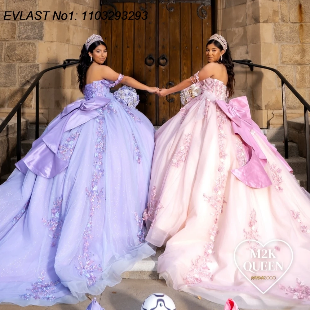 

EVLAST Customized Sparkly Lilac Quinceanera Dress Ball Gown Floral Lace Applique Beads Bow Sweet 16 Vestidos De 15 Anos E1QN444