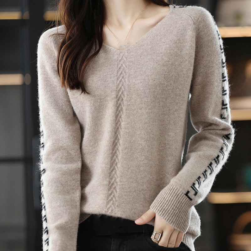 

Fashion V Neck Knitted Sweater for Women 2025 Korean Printed Long Sleeve Knitwear Woman High Street Soft Warm Jumper Female