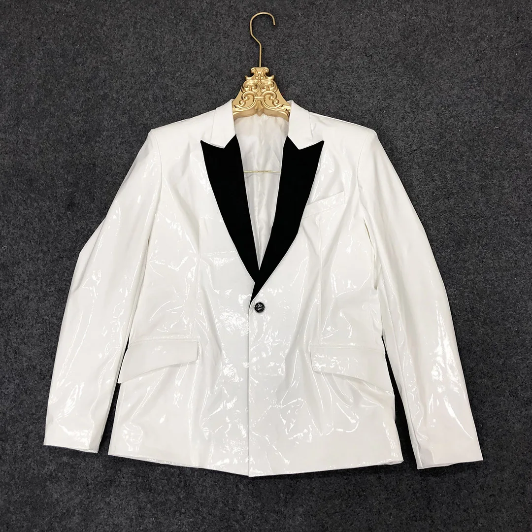 Мужской кожаный пиджак по индивидуальному заказу, черный, белый цвет, приталенный повседневный костюм для вечеринок, куртка для певца, ночного клуба, бара, концерта, сценического пальто