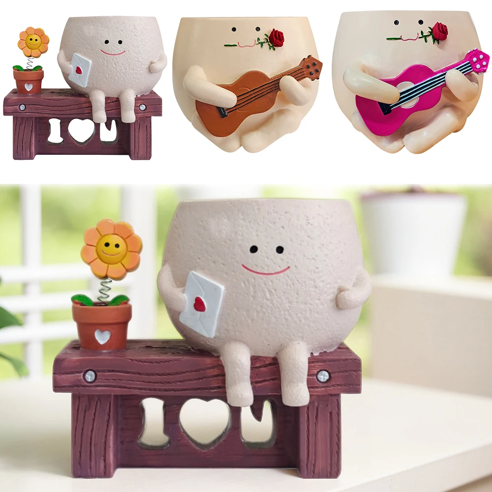 Cute Guitar Plant Pot Resin Unique Sit Long Chair Succulent Pots Smile Face Sunflower Pot for Indoor Outdoor Plants