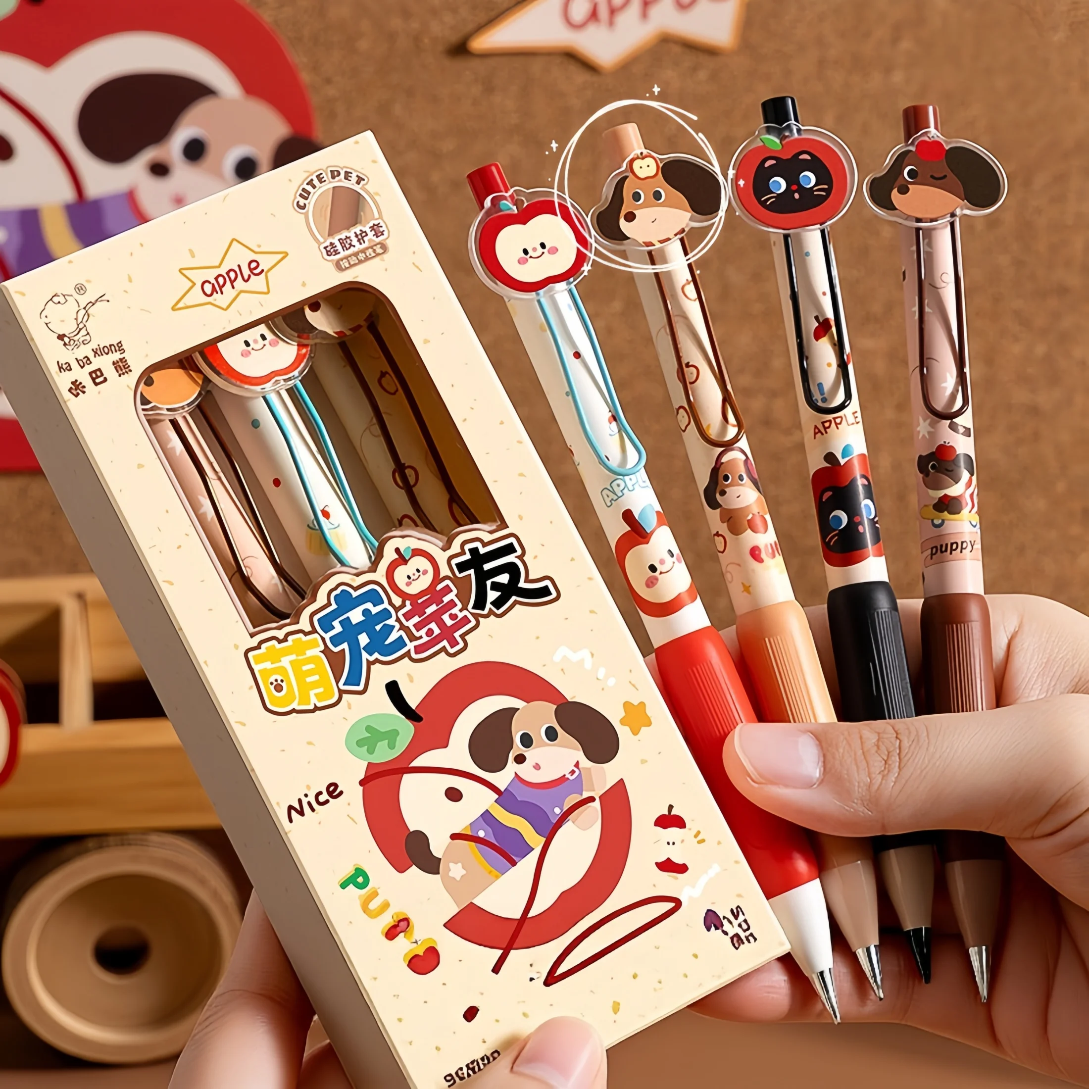 4 Pieces/Box Cute Pet-Themed Retractable Gel Pens, Gift for Pet Lovers, High-Value Sticker Pens, Student Stationery, Smooth Quick-Drying Black Pens, Classroom Gift