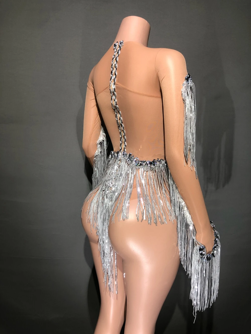 Sparkly Rhinestones Silver Fringes Bodysuit Sexy Mesh Transparent Latin Dance Dress Performance Costume Nightclub Stage Wear