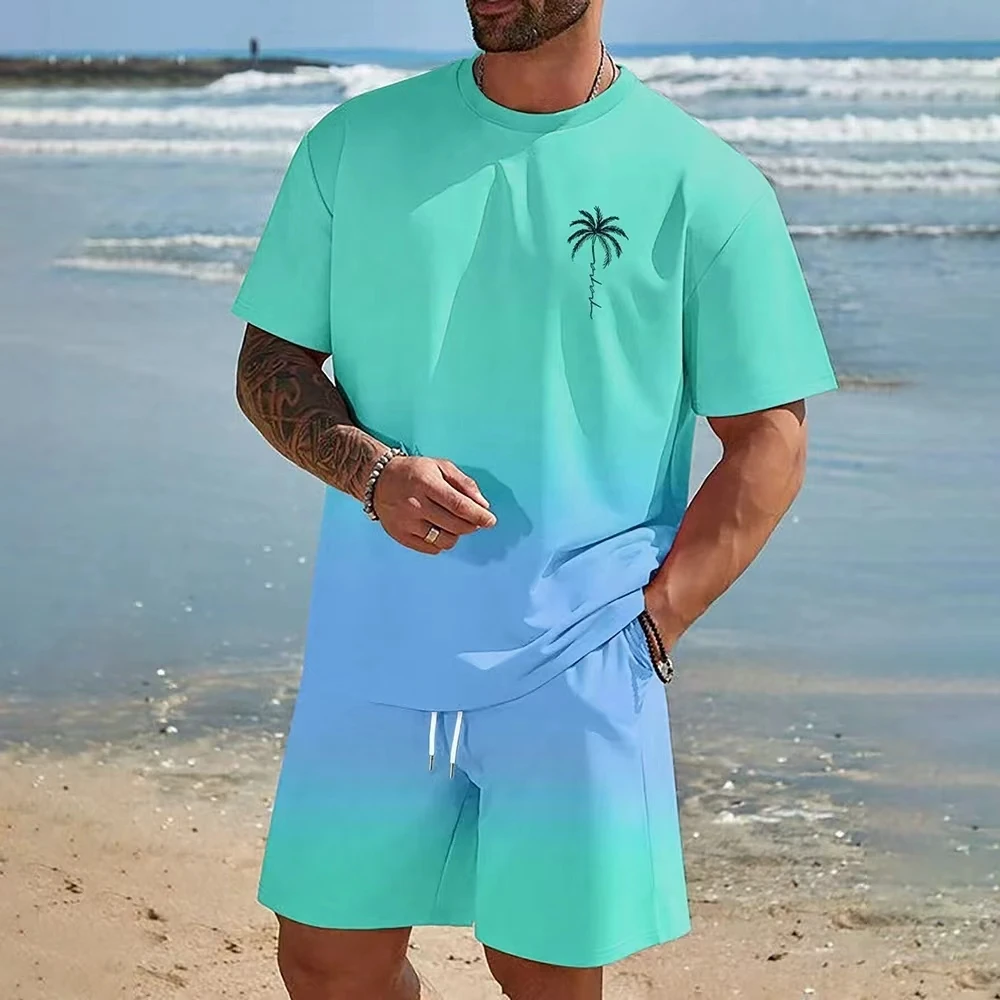 New Men's Suit Hawaiian Gradient Coconut Print Suit Summer Beach T-Shirt and Pa… - Image 3