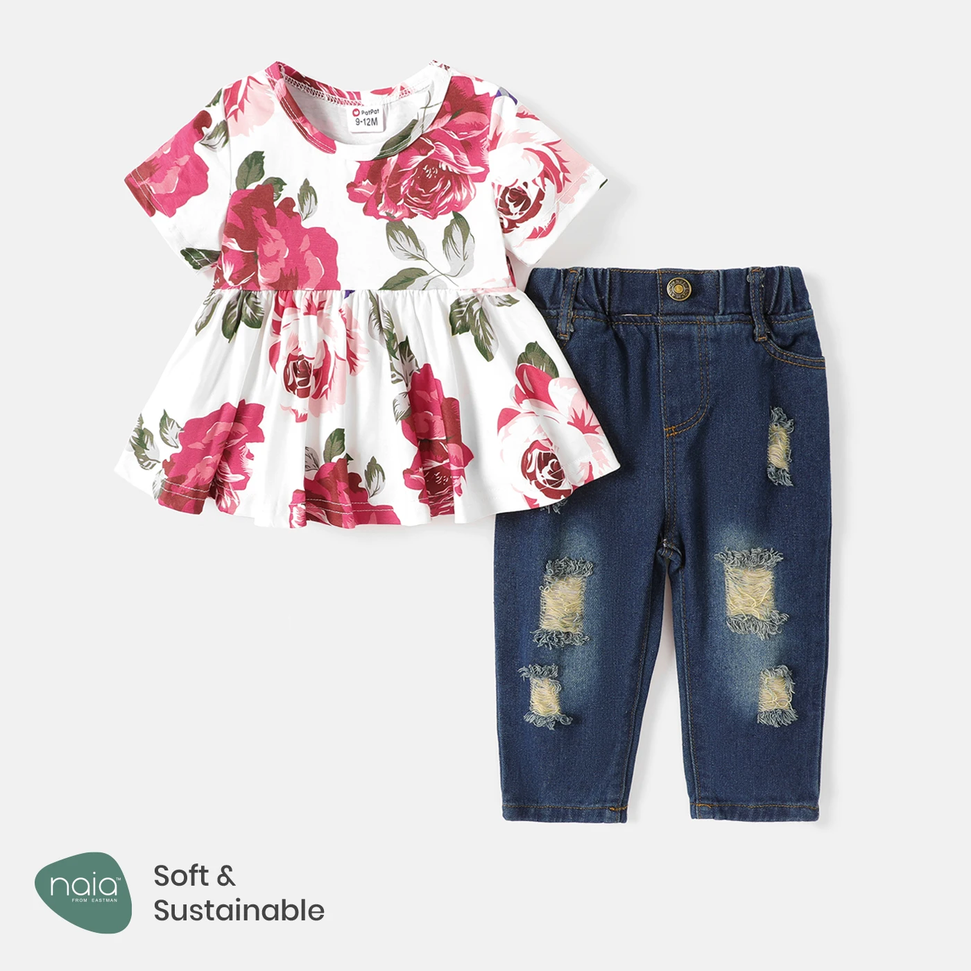 

PatPat 2pcs Baby Girl Short-sleeve Allover Floral Print Naia™ Top and Ripped Denim Jeans Set