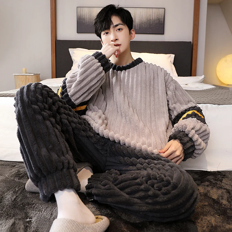 

Winter Coral Fleece Pajama Sets Men Pyjamas Long Tops Sleepwear Loungewear Pijama Hombre Male Night suits Homewear Pyjama Homme