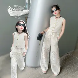 summer junior girls clothes set Sleeveless vest+wide leg pants 2pcs junior girl Lace hook flower hollowed out suit child outfits