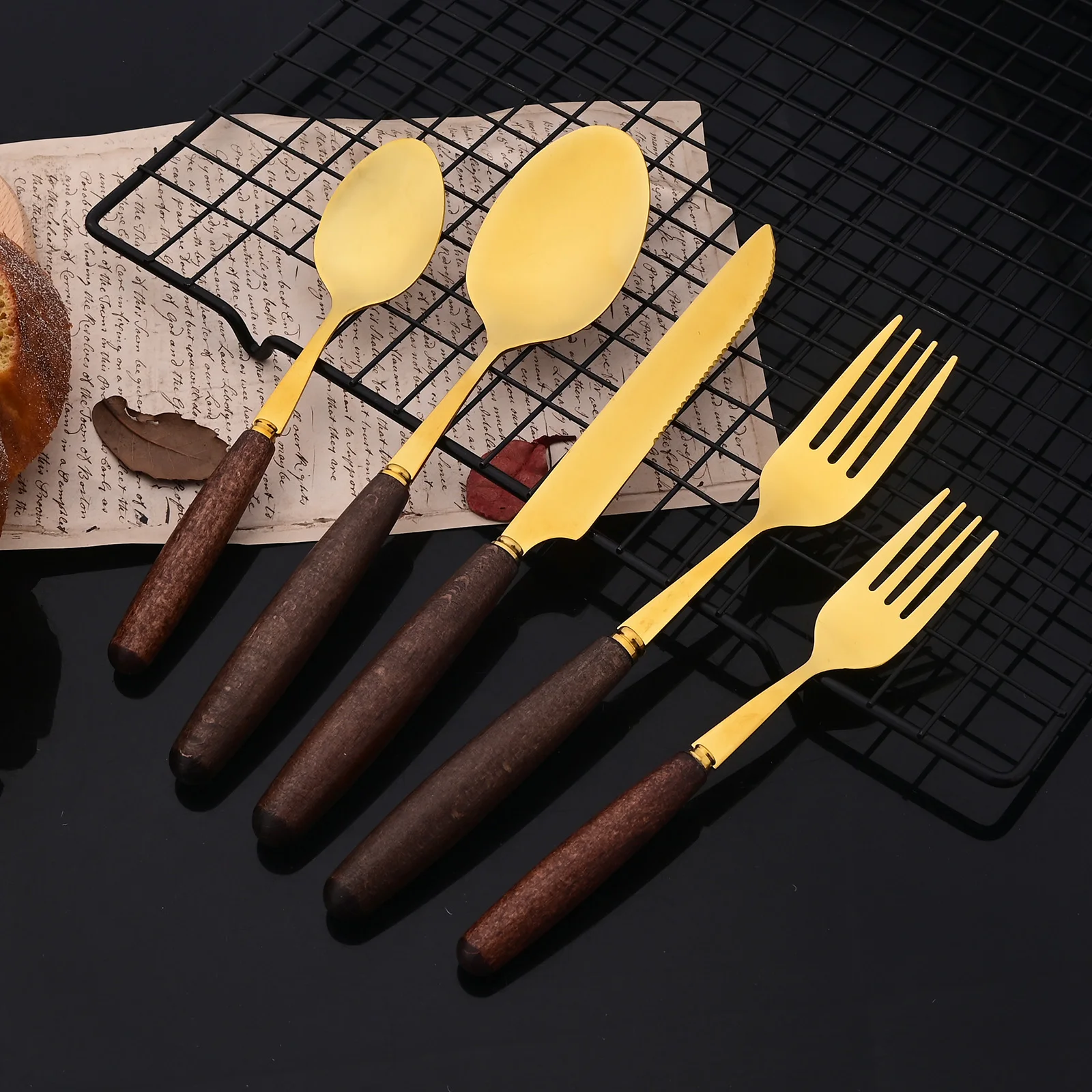 6People Stainless Steel Dinner Gold Imitation Wooden Handle Dinnerware Knife Coffee Spoon Fork Cutlery Set Tableware Silverware