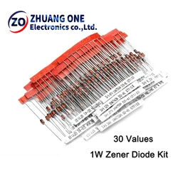 30 Values 1W Zener Diode Assorted Kit 3V 3.3V 3.6V 5.1V 5.6V 7.5V 10V 12V 13V 15V 16V 18V 20V 22V 24V 30V 33V 47V Assortment Set