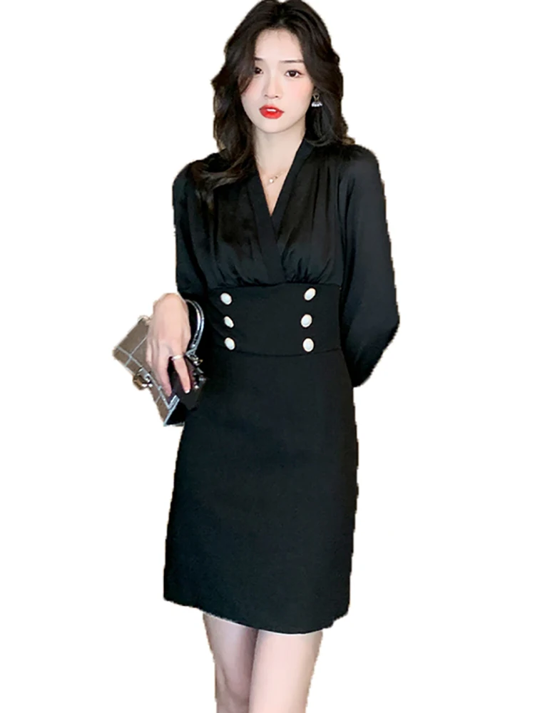 Mini robe de Rhnoire à col en V pour femmes, vintage coréen, décontracté, chic, sexy, élégante, tambour, fête, nuit, éducatif, automne, hiver, 2024