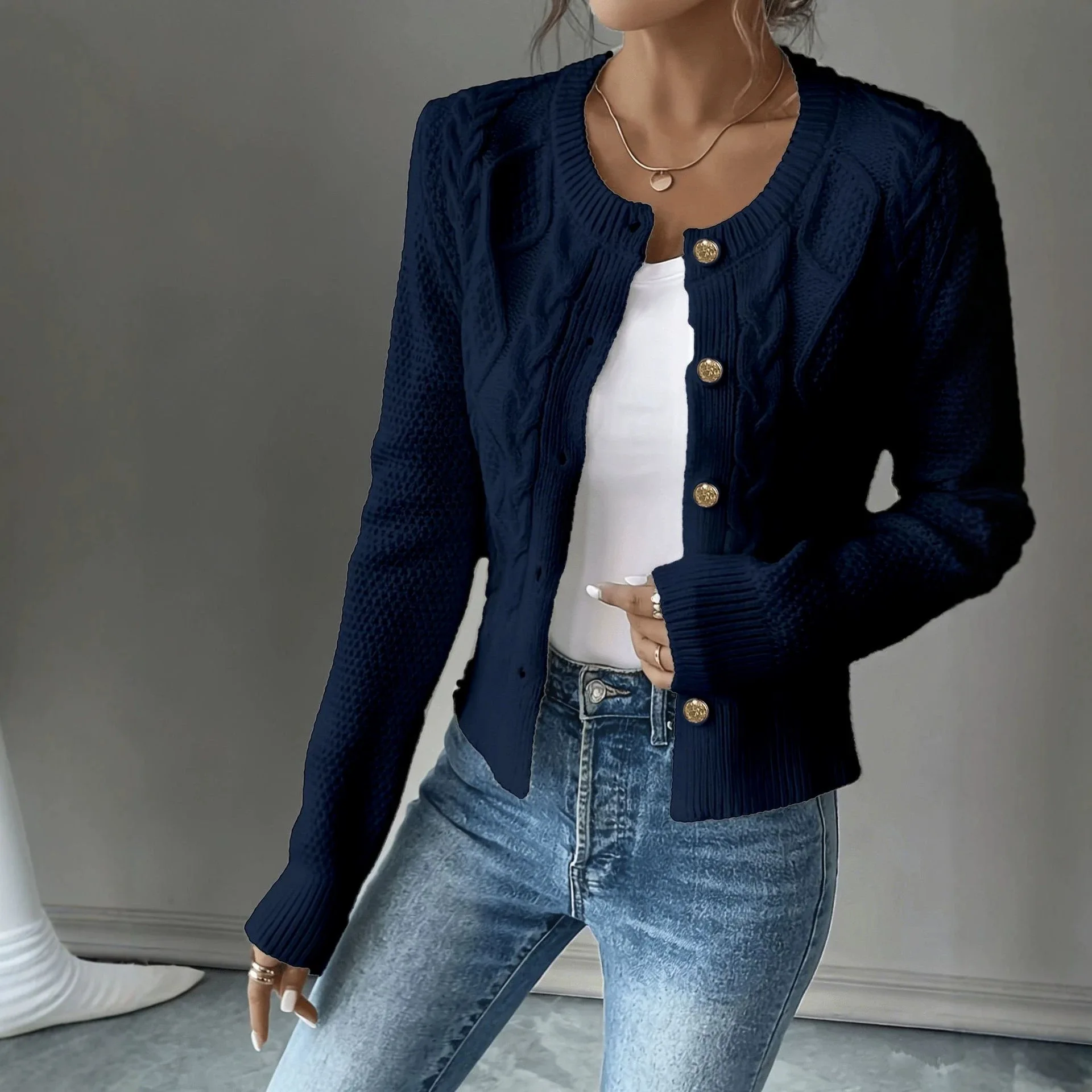 Fashion Vintage Solid Color Textured Knit Cardigan Women Round Neck Long Sleeve Single Breasted Cropped Casual Knitwear New 2026