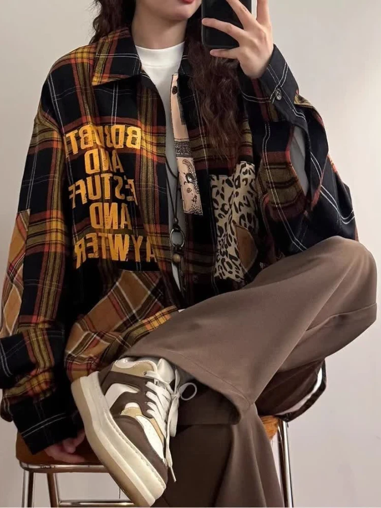 

American Vintage Blouses Loose Plaid Letter Print High Street Shirts Spring Autumn Loose Y2k Harajuku Aesthetics Women Clothing