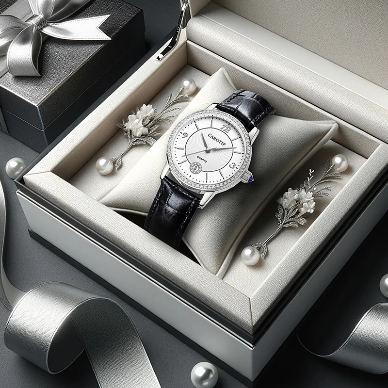 

A women's silver and black city professional style business commuter quartz watch with PU leather and calendar