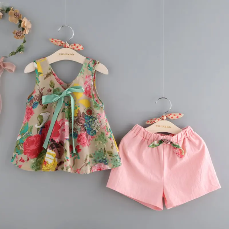 Summer 2-6T Children's Girls Floral Printed Sleeveless Baby Vest Tops +Shorts Sets For Girls Kids Clothes Outfit Suits