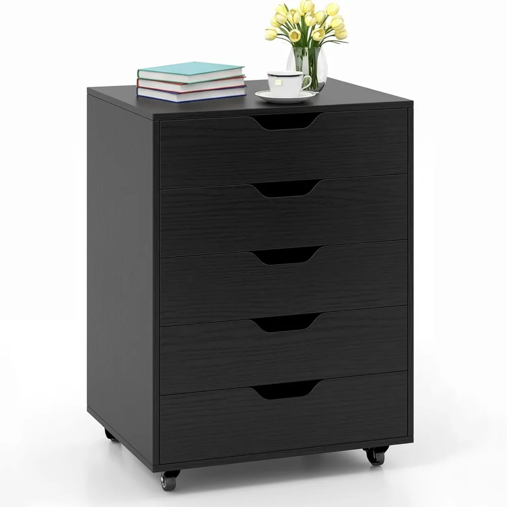 

Комод с 5-мя ящиками, деревянные ящики для хранения с запирающимися колесами под столом, шкаф для хранения документов для офиса и дома, черный
