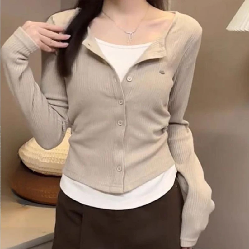 Nice Plus Size Casual Retro Long Sleeves Knitting T-Shirt Women's Spring Fake Two-Piece Shoulder T-shirt Chubby Girl Slim Fit Sl