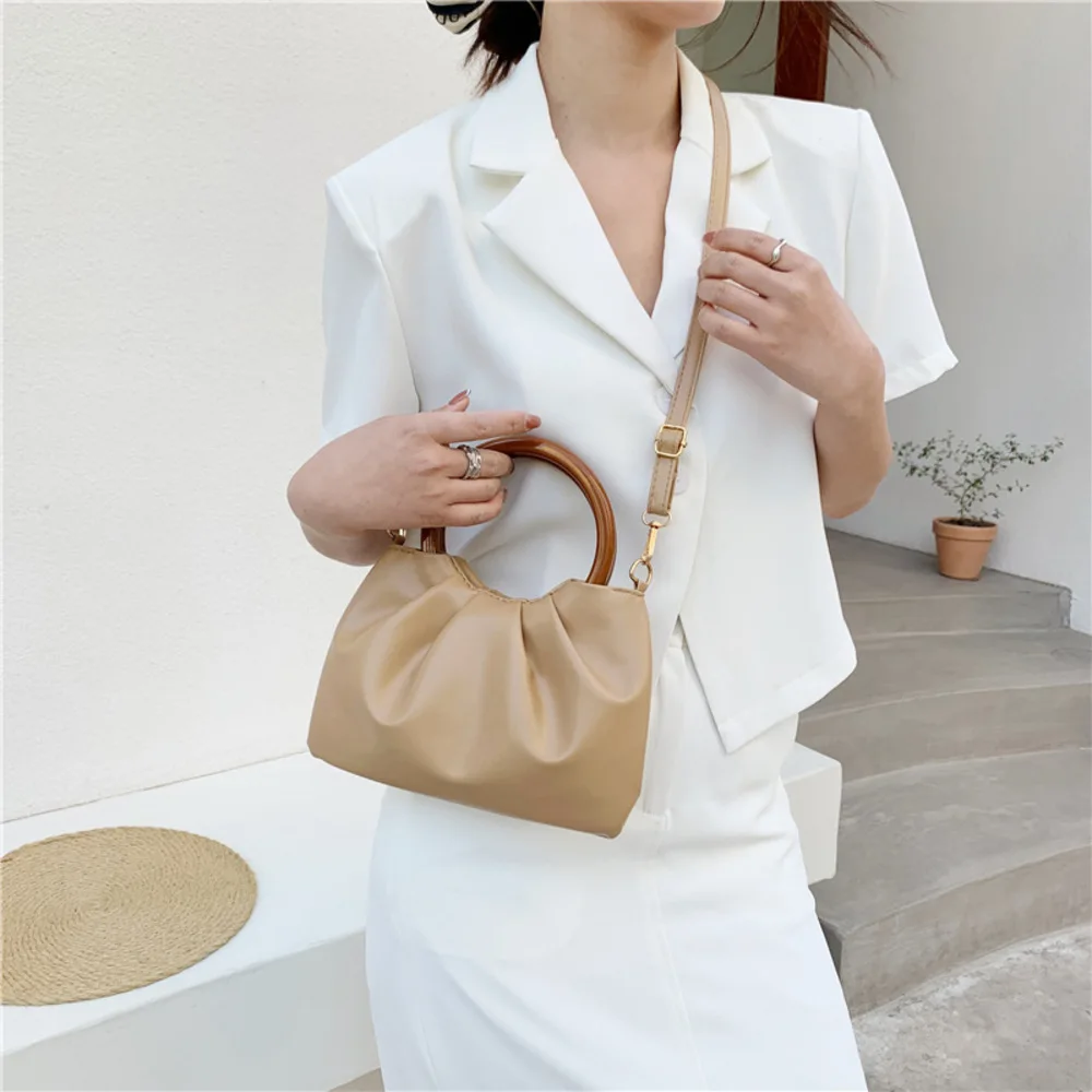 Retro Ring-shaped Handheld Bag Women\'s Bag Korean Fashion Simple Small Square PU Shoulder Crossbody Bag Female Pleated Hand Bags