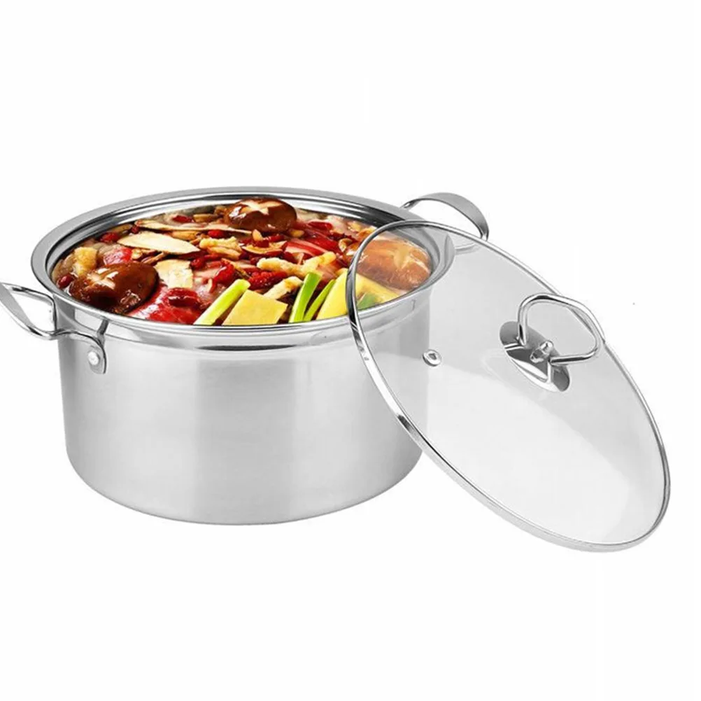 

Stainless Steel Soup Steamed Anti-Stick Non-Leak Curved Design Tempered Glass Lid Riveted Handle Heat Resistant Brushed Surface