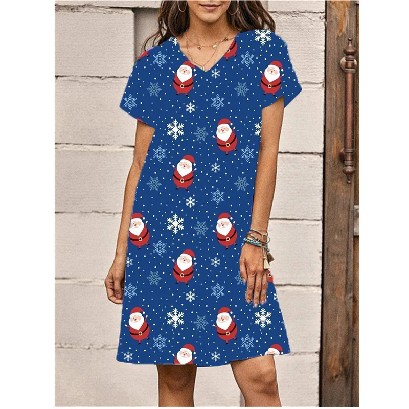 Sweet Cartoon Santa Claus Print Women Dress New Summer Sexy V-neck Loose Mini Dress Street Casual Christmas Party A-Line Dresses