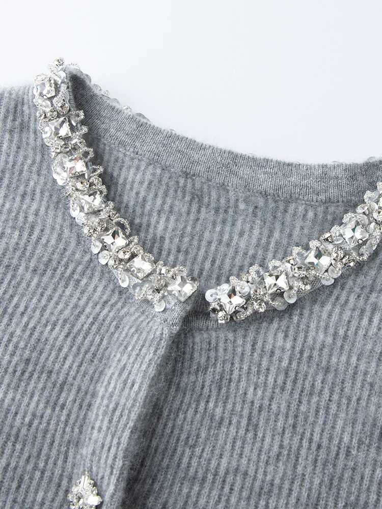 

CHICUU Women's O-neck Cardigan 100% Cashmere Sweater Beading Collar Short Cardigan Autumn Winter Office Lady Clothes