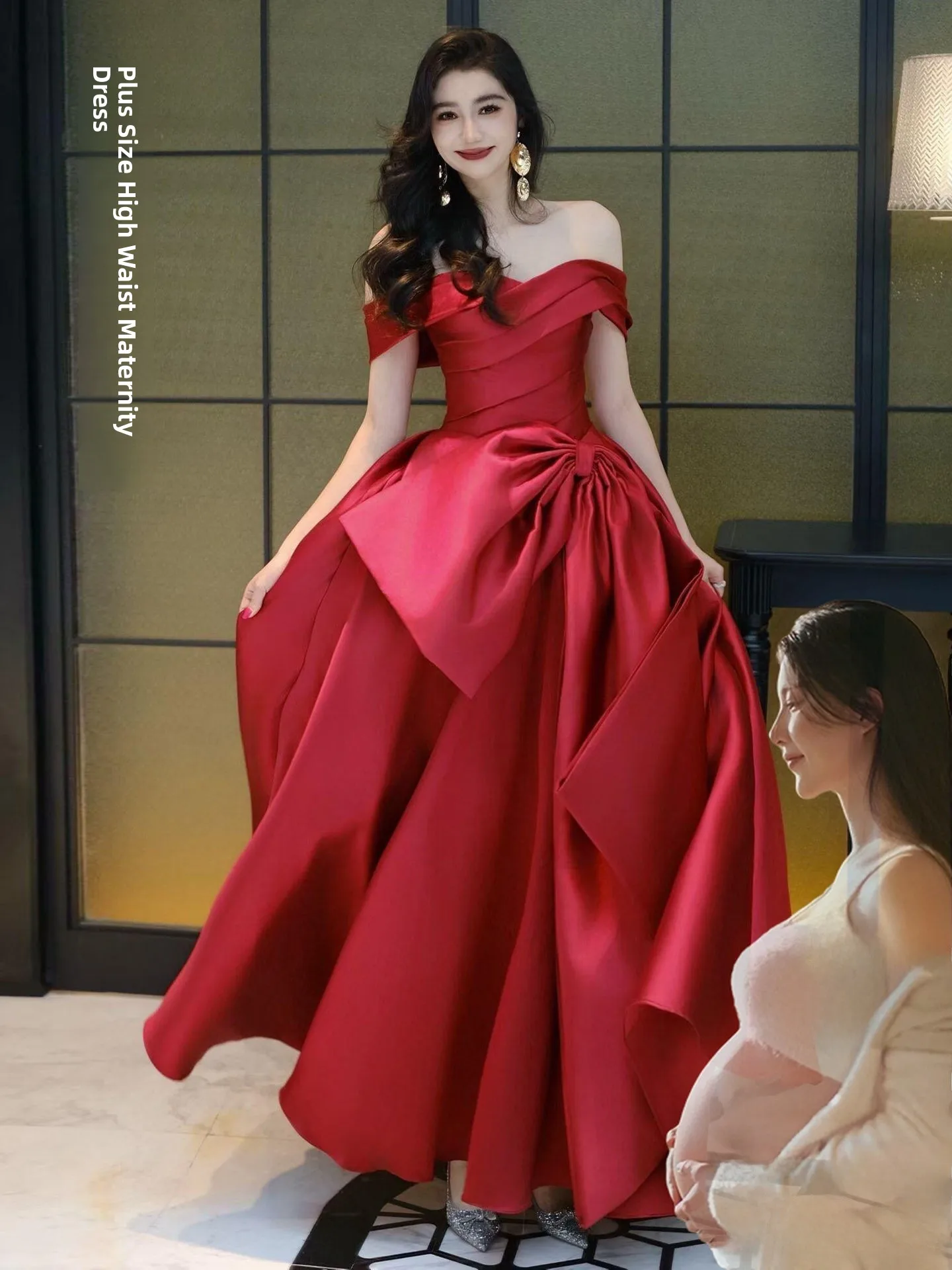 

Materni Bridal Gown One oulder Wedding Dr Red Wedding Morning Robe Women plus Size Korean Sle High Waist Polyester F...