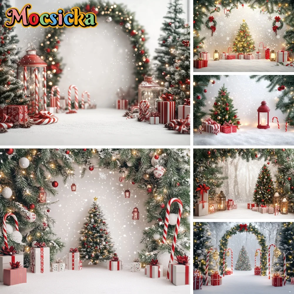 Christmas Backdrop Decorations Merry Christmas Sign Gift Box Candy Canes Xmas Tree For Holiday Display Photo Shoots Background