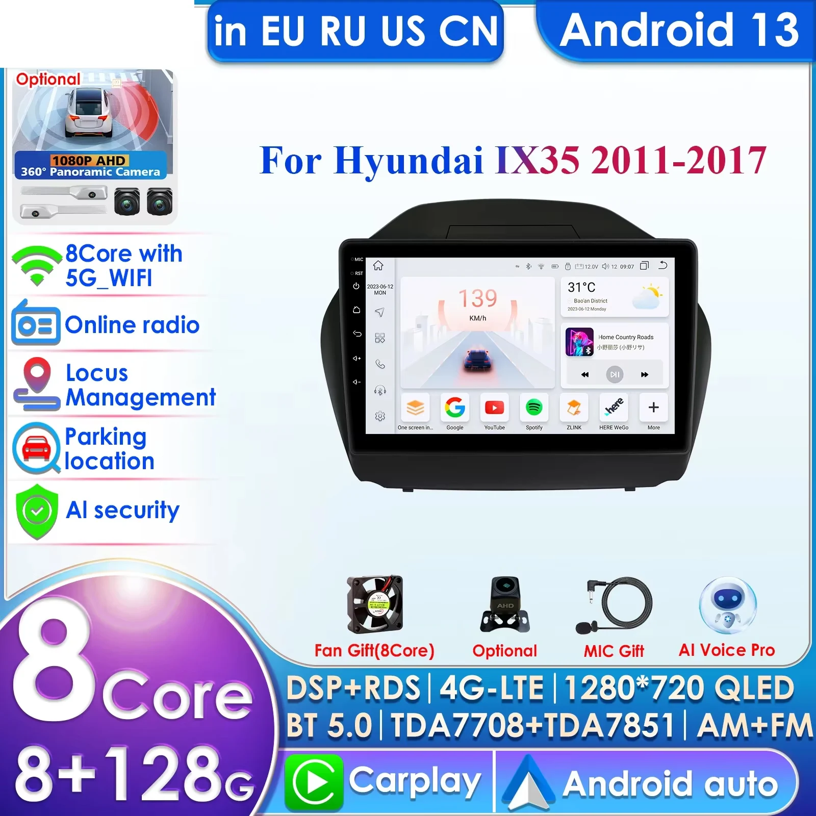 

9'' 7862 AI System 2din Android Car Radio for Hyundai Tucson 2 Ix35 2009 -2015 Navigation GPS Carplay Auto 4G QLED Screen Stereo