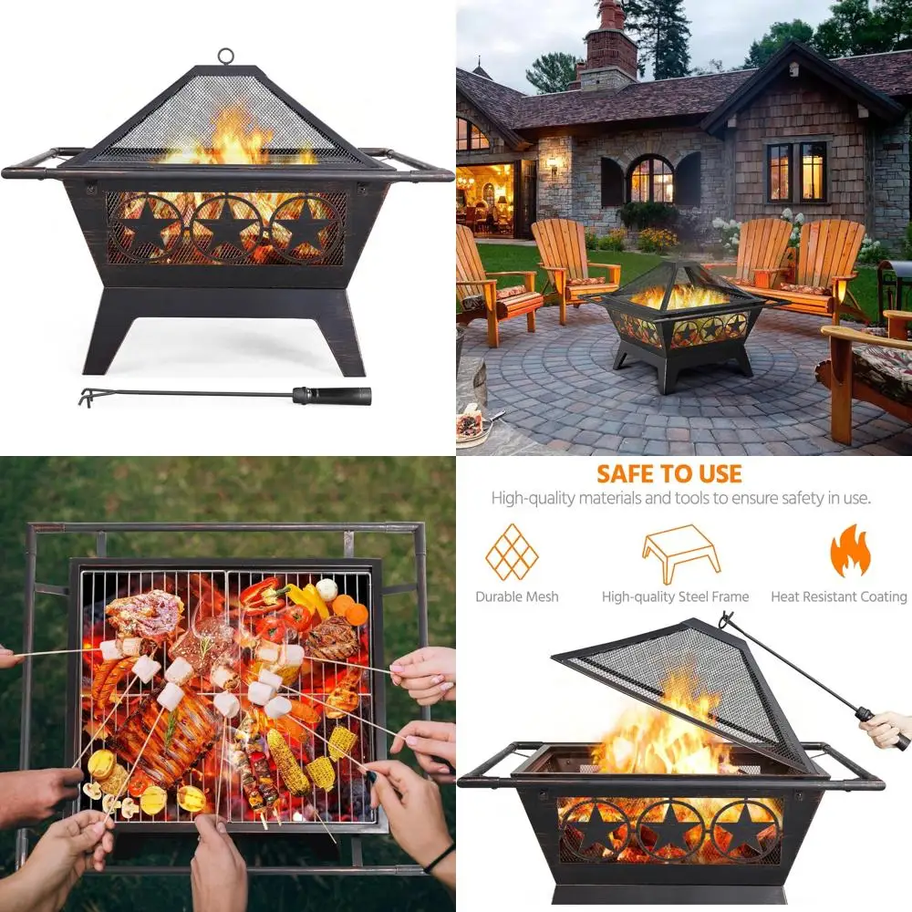 

Large Square Outdoor Wood Burning Fire Pit, Heavy-Duty Patio BBQ Campfire Pit for Backyard Fireplace