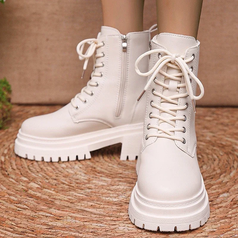 Женские зимние теплые короткие плюшевые ботильоны, удобные армейские ботинки из искусственной кожи на высоком каблуке Botas Mujer, модные армейские ботинки на платформе со шнуровкой и молнией
