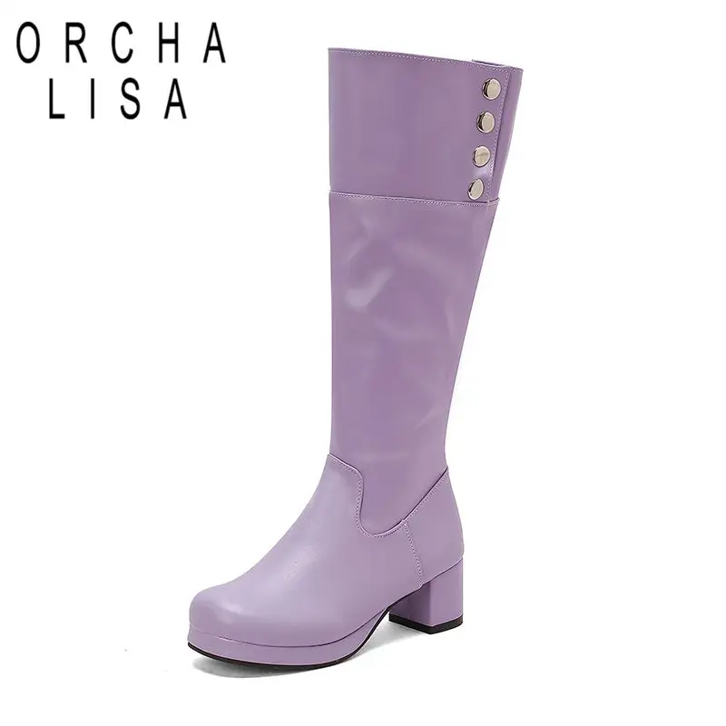 

ORCHA LISA 2025 Double Use Women Knee High Boots Square Toe Block Heels 5cm Platform 1.5cm Metal Decoration Sweet Daily Booties